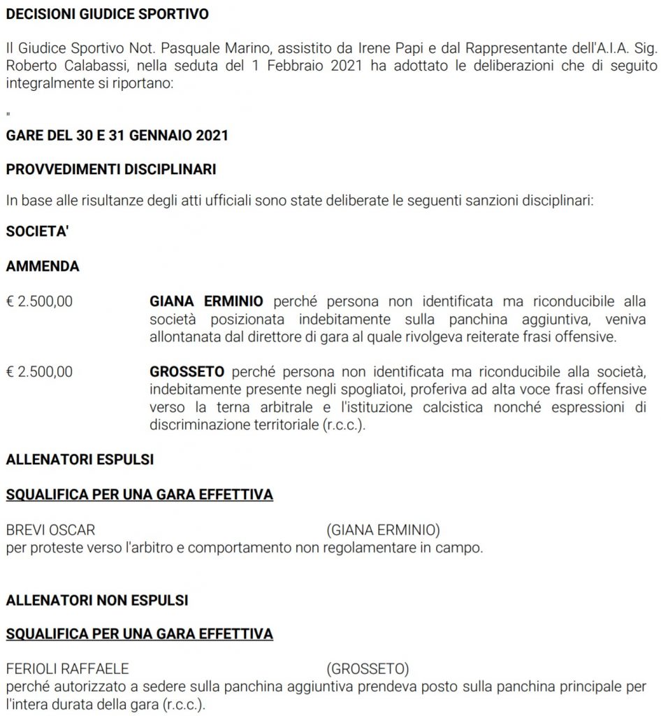 squalifica di Ferioli per una giornata - 2^ giornata Serie C girone A 2020-21